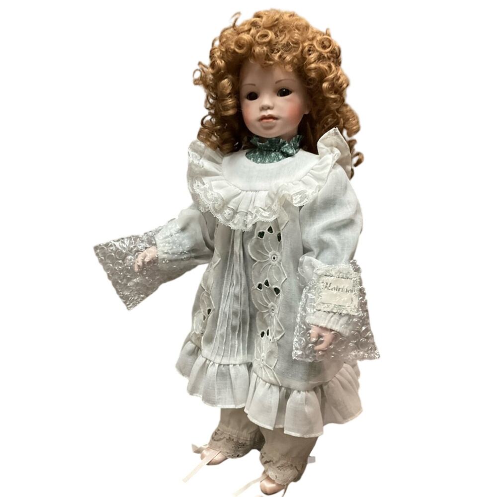 Vintage Katrina Porcelain Doll with Curly Hair in White Dress with Box
